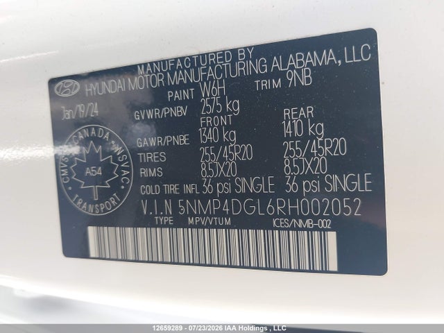 12659289 :رقم المزاد ، 5NMP4DGL6RH002052 vin ، 2024 Hyundai Santa Fe Luxury مزاد بيع