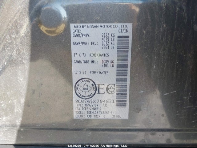 12659290 :رقم المزاد ، 5N1AT2MV8GC794831 vin ، 2016 Nissan Rogue S/sl Premium/sv مزاد بيع