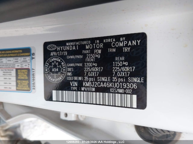 Aukcja sprzedaży 2019 Hyundai Tucson Essential W/safety Package, vin: KM8J2CA46KU019306, numer aukcji: 12659293