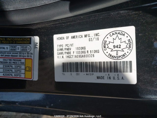 Aukcja sprzedaży 2016 Honda Accord Touring, vin: 1HGCT1A09GA800326, numer aukcji: 12659320