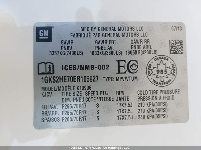 12659327 :رقم المزاد ، 1GKS2HE70ER105927 vin ، 2014 Gmc Yukon Xl K1500 Sle مزاد بيع