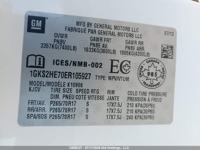 12659327 :رقم المزاد ، 1GKS2HE70ER105927 vin ، 2014 Gmc Yukon Xl K1500 Sle مزاد بيع