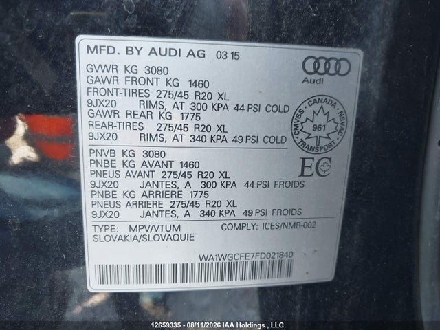 Aukcja sprzedaży 2015 Audi Q7 3.0t Vorsprung Edition, vin: WA1WGCFE7FD021840, numer aukcji: 12659335