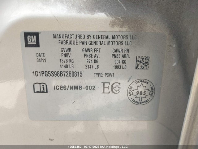 Продажа на аукционе авто 2011 Chevrolet Cruze Lt, vin: 1G1PG5S98B7260815, номер лота: 12659352