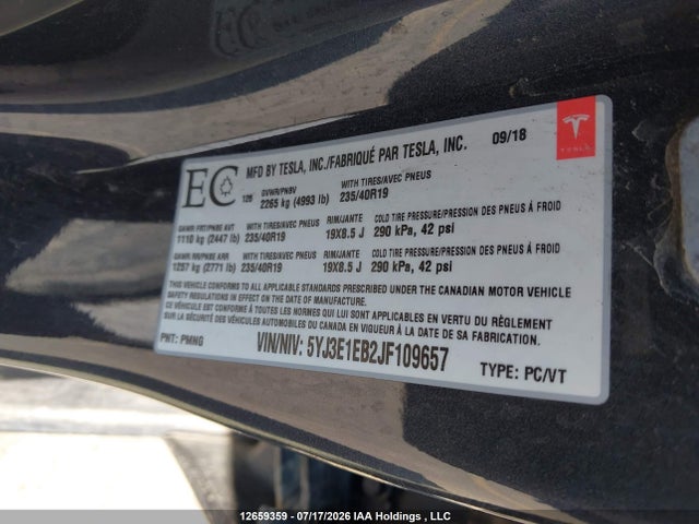 Aukcja sprzedaży 2018 Tesla Model 3 Long Range/performance, vin: 5YJ3E1EB2JF109657, numer aukcji: 12659359