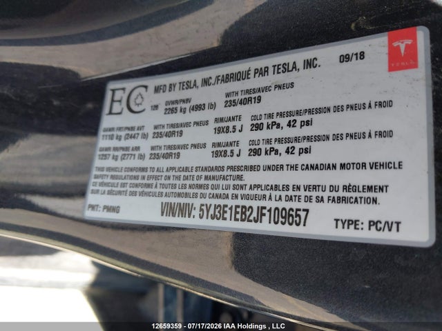 Aukcja sprzedaży 2018 Tesla Model 3 Long Range/performance, vin: 5YJ3E1EB2JF109657, numer aukcji: 12659359