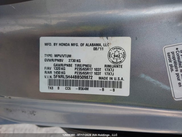 Aukcja sprzedaży 2011 Honda Odyssey Ex, vin: 5FNRL5H44BB509872, numer aukcji: 12659360