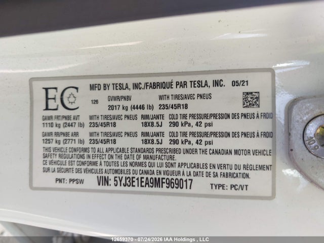 12659370 :رقم المزاد ، 5YJ3E1EA9MF969017 vin ، 2021 Tesla Model 3 مزاد بيع