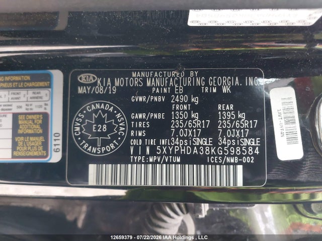 KIA Sorento 2.4l Ex 2019 5XYPHDA38KG598584 Image 9