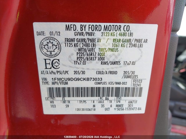 Aukcja sprzedaży 2012 Ford Escape Xlt, vin: 1FMCU9DG9CKB73033, numer aukcji: 12659400