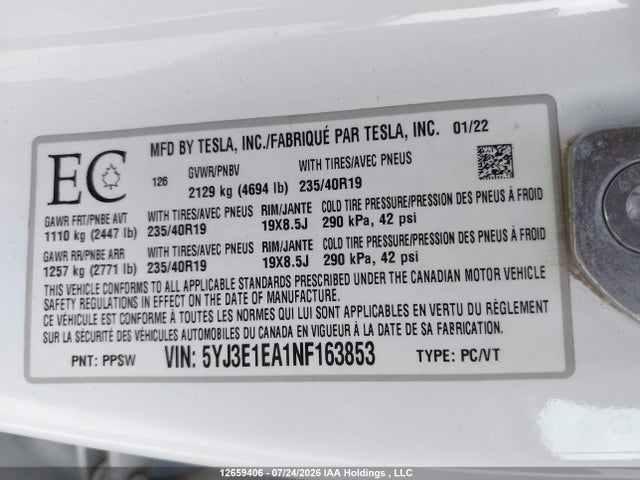 12659406 :رقم المزاد ، 5YJ3E1EA1NF163853 vin ، 2022 Tesla Model 3 Rwd/standard Range مزاد بيع