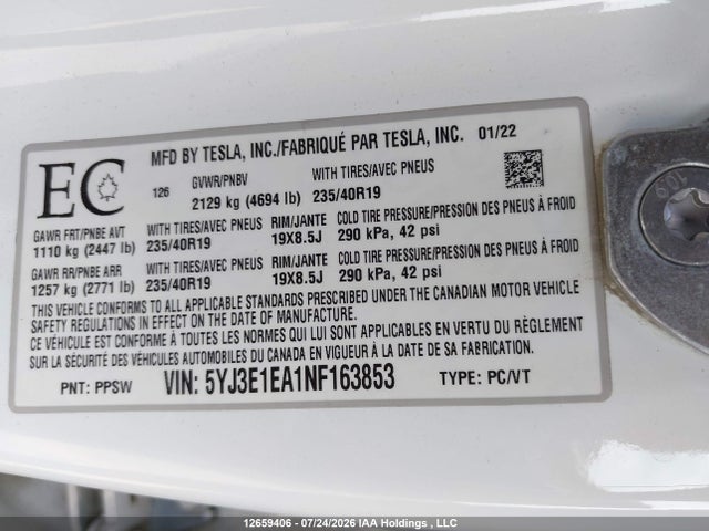 12659406 :رقم المزاد ، 5YJ3E1EA1NF163853 vin ، 2022 Tesla Model 3 Rwd/standard Range مزاد بيع