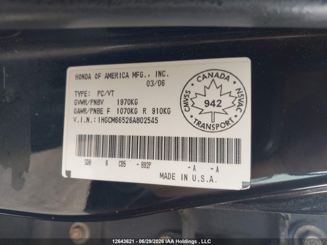 12643621 :رقم المزاد ، 1HGCM66526A802545 vin ، 2006 Honda Accord Ex V6 مزاد بيع