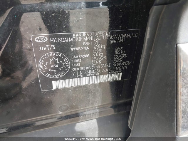 2020 Hyundai Santa Fe Ultimate Turbo Awd მანქანა იყიდება აუქციონზე, vin: 5NMS5CAA2LH140140, აუქციონის ნომერი: 12659419
