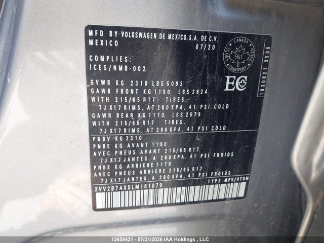 2020 Volkswagen Tiguan Comfortline/iq Drive მანქანა იყიდება აუქციონზე, vin: 3VV2B7AX5LM161079, აუქციონის ნომერი: 12659421