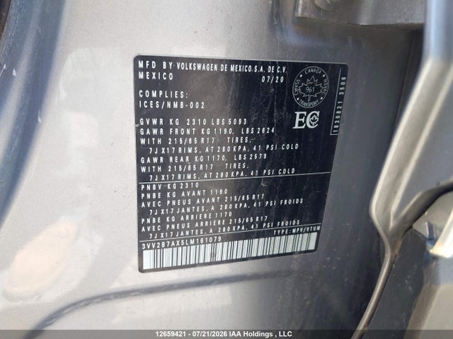 2020 Volkswagen Tiguan Comfortline/iq Drive მანქანა იყიდება აუქციონზე, vin: 3VV2B7AX5LM161079, აუქციონის ნომერი: 12659421