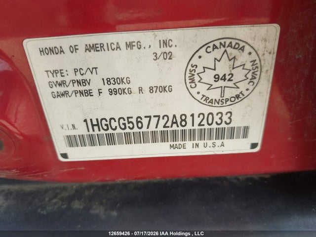 Продаж на аукціоні авто 2002 Honda Accord Se, vin: 1HGCG56772A812033, номер лоту: 12659426
