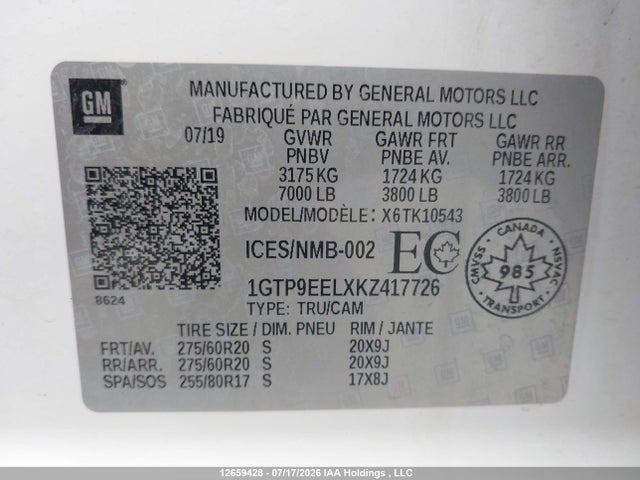 Aukcja sprzedaży 2019 Gmc Sierra K1500 At4, vin: 1GTP9EELXKZ417726, numer aukcji: 12659428