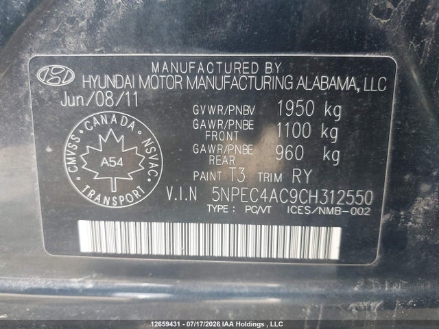 Продажа на аукционе авто 2012 Hyundai Sonata Se/limited, vin: 5NPEC4AC9CH312550, номер лота: 12659431