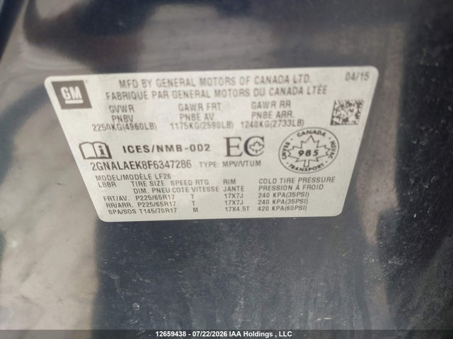Продажа на аукционе авто 2015 Chevrolet Equinox Ls, vin: 2GNALAEK8F6347286, номер лота: 12659438