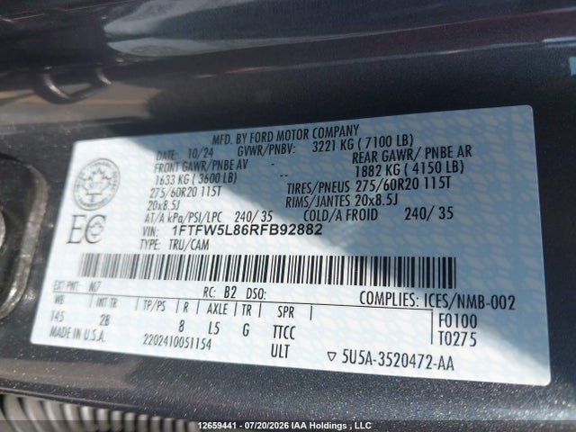 12659441 :رقم المزاد ، 1FTFW5L86RFB92882 vin ، 2024 Ford F-150 Lariat مزاد بيع