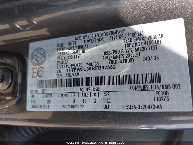 12659441 :رقم المزاد ، 1FTFW5L86RFB92882 vin ، 2024 Ford F-150 Lariat مزاد بيع