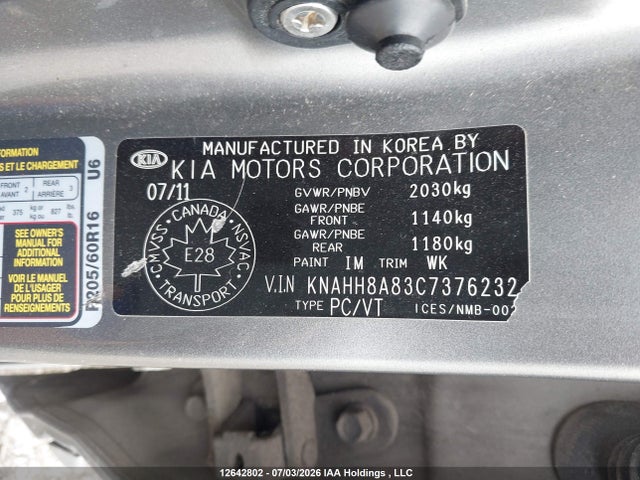 12642802 :رقم المزاد ، KNAHH8A83C7376232 vin ، 2012 Kia Rondo مزاد بيع