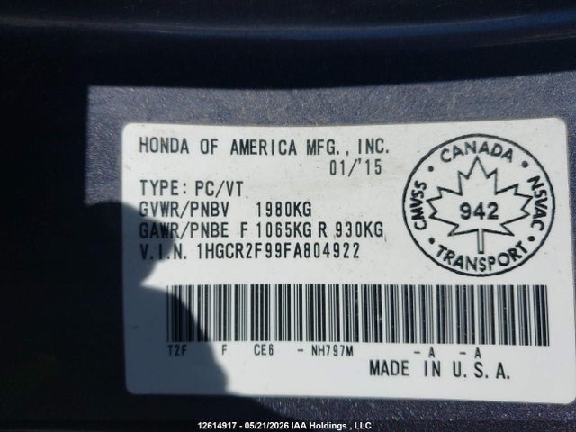 Honda Accord Touring 2015 1HGCR2F99FA804922 Image 9