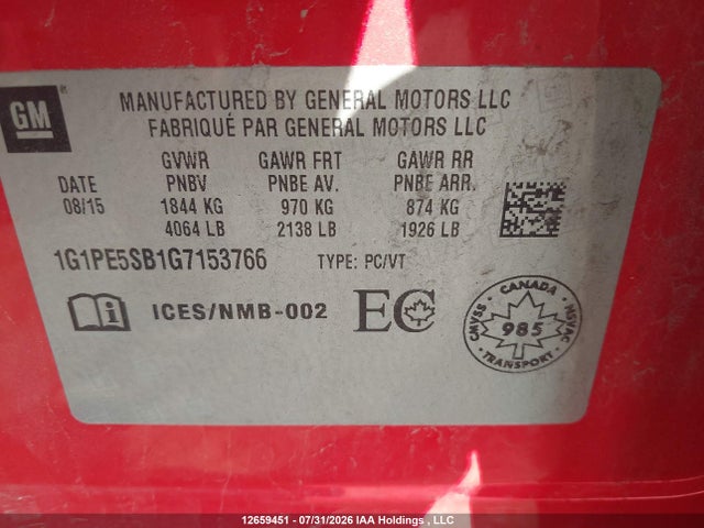 Продажа на аукционе авто 2016 Chevrolet Cruze Limited, vin: 1G1PE5SB1G7153766, номер лота: 12659451
