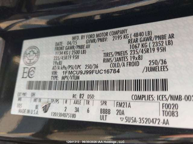 12641313 :رقم المزاد ، 1FMCU9J99FUC16784 vin ، 2015 Ford Escape Titanium مزاد بيع
