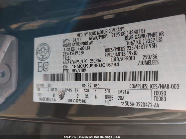 12641313 :رقم المزاد ، 1FMCU9J99FUC16784 vin ، 2015 Ford Escape Titanium مزاد بيع