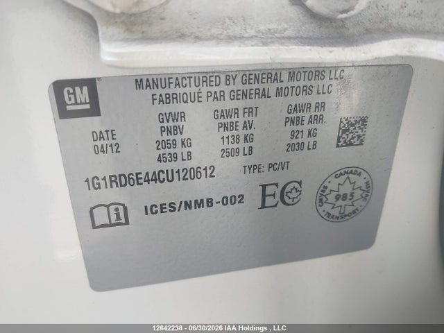 Продажа на аукционе авто 2012 Chevrolet Volt, vin: 1G1RD6E44CU120612, номер лота: 12642238