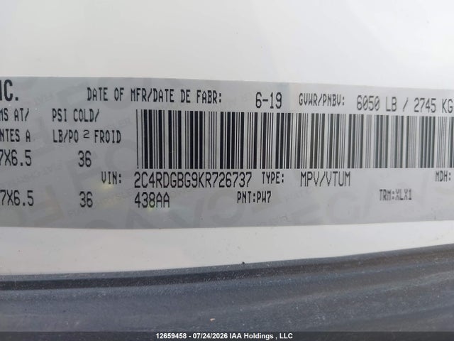Продаж на аукціоні авто 2019 Dodge Grand Caravan Cvp/sxt, vin: 2C4RDGBG9KR726737, номер лоту: 12659458