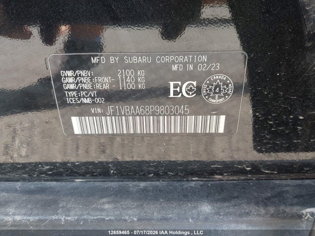 Продаж на аукціоні авто 2023 Subaru Wrx, vin: JF1VBAA68P9803045, номер лоту: 12659465