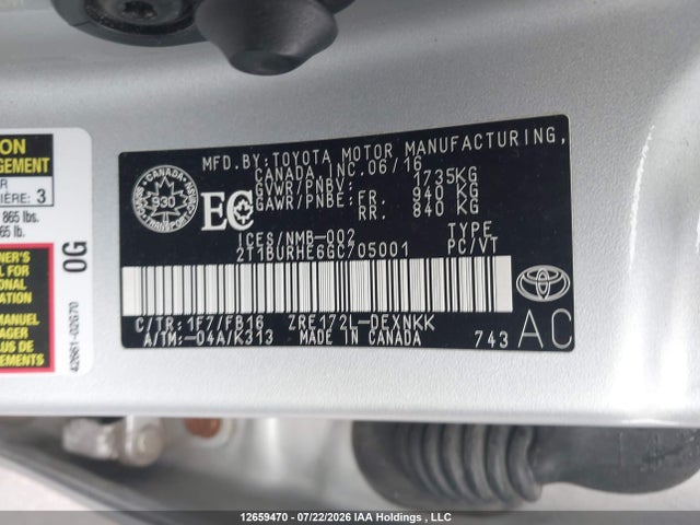 Aukcja sprzedaży 2016 Toyota Corolla L/le/le Pls/prm/s/s Pls, vin: 2T1BURHE6GC705001, numer aukcji: 12659470
