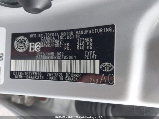 Aukcja sprzedaży 2016 Toyota Corolla L/le/le Pls/prm/s/s Pls, vin: 2T1BURHE6GC705001, numer aukcji: 12659470