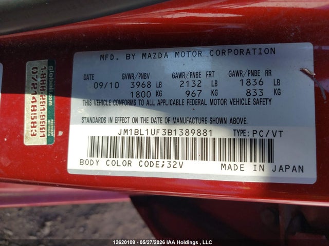 12620109 :رقم المزاد ، JM1BL1UF3B1389881 vin ، 2011 Mazda 3 I مزاد بيع