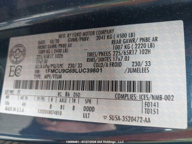 Ford ESCAPE SE 2020 1FMCU9G69LUC39801 Image 19