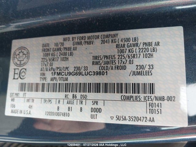 Ford ESCAPE SE 2020 1FMCU9G69LUC39801 Image 9