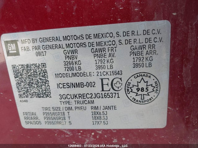 12659483 :رقم المزاد ، 3GCUKREC2JG165371 vin ، 2018 Chevrolet Silverado 1500 2lt مزاد بيع