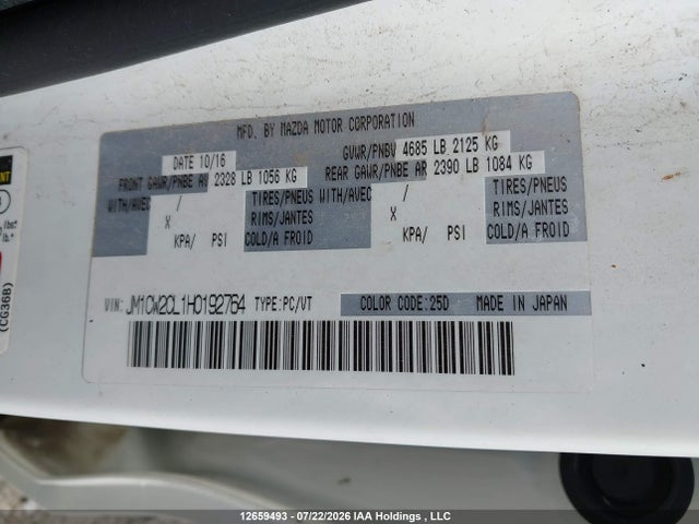 12659493 :رقم المزاد ، JM1CW2CL1H0192764 vin ، 2017 Mazda 5 Touring مزاد بيع