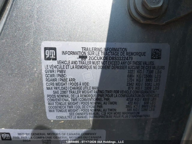 2025 Chevrolet Silverado K1500 Lt მანქანა იყიდება აუქციონზე, vin: 2GCUKDED8S1122479, აუქციონის ნომერი: 12659495