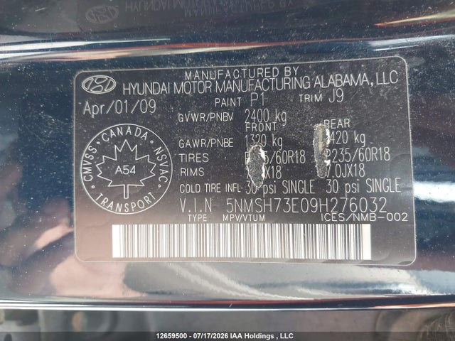 12659500 :رقم المزاد ، 5NMSH73E09H276032 vin ، 2009 Hyundai Santa Fe مزاد بيع