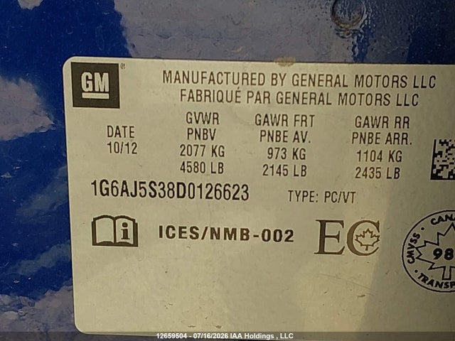 12659504 :رقم المزاد ، 1G6AJ5S38D0126623 vin ، 2013 Cadillac Ats Performance مزاد بيع