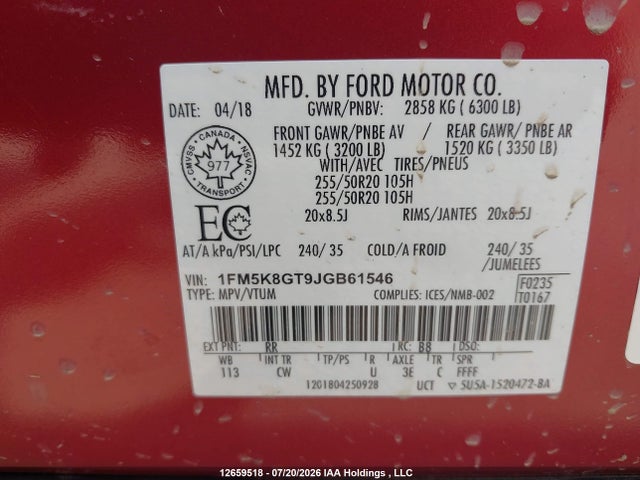 12659518 :رقم المزاد ، 1FM5K8GT9JGB61546 vin ، 2018 Ford Explorer Sport مزاد بيع