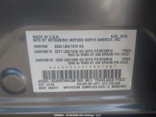Продаж на аукціоні авто 2015 Mitsubishi Rvr Se/es, vin: 4A4AH3AU9FE607907, номер лоту: 12659521
