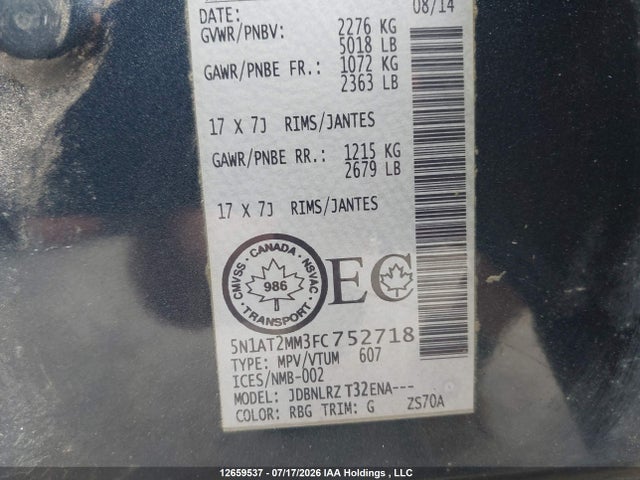 12659537 :رقم المزاد ، 5N1AT2MM3FC752718 vin ، 2015 Nissan Rogue S/sl/sv مزاد بيع