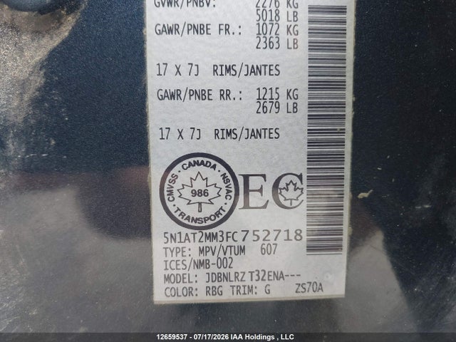 12659537 :رقم المزاد ، 5N1AT2MM3FC752718 vin ، 2015 Nissan Rogue S/sl/sv مزاد بيع