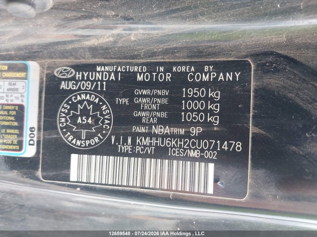 12659548 :رقم المزاد ، KMHHU6KH2CU071478 vin ، 2012 Hyundai Genesis 3.8 مزاد بيع