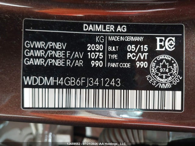 2015 Mercedes-benz B 250 4matic მანქანა იყიდება აუქციონზე, vin: WDDMH4GB6FJ341243, აუქციონის ნომერი: 12659552